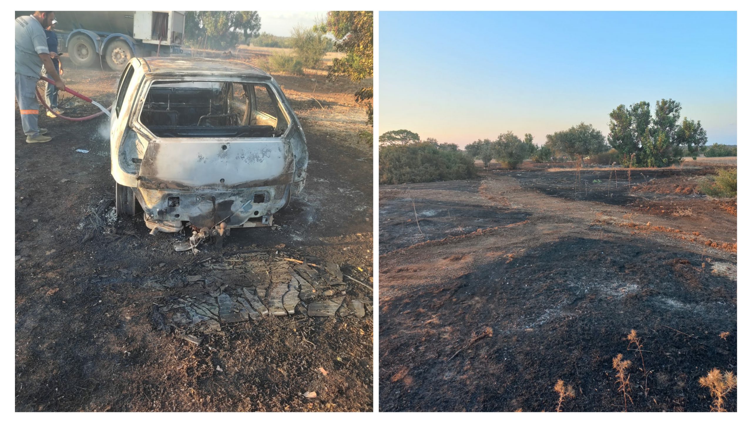 Bafra’da kablolar kısa devre yaptı, yangın çıktı: Araç kül oldu,ağaçlar yandı