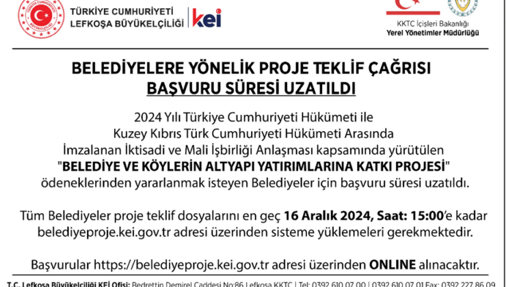 TC Lefkoşa Büyükelçiliği: “Belediyelere yönelik proje teklif çağrısının süresi uzatıldı”